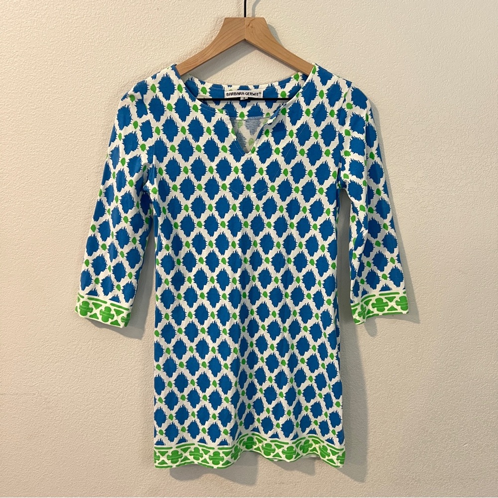Barbara Gerwit Blue & Green Abstract‎ Geometric Patterned Stretch Cotton Tunic S
